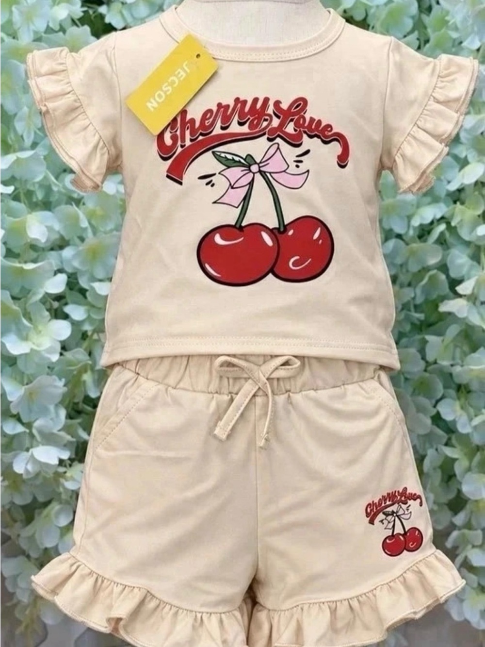 Jenny Bird Cream Cherry Pajama Set with Ruffle Shorts